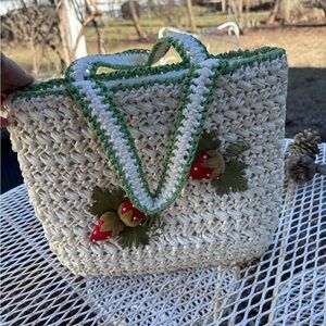 Vintage Magid Handwoven Straw Tote with Green Trim and Strawberry Appliqué: mint